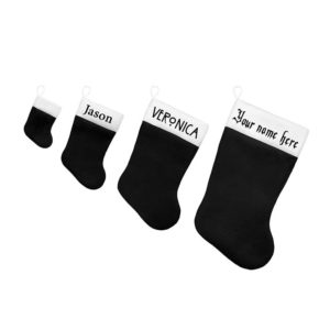 Black and White Christmas stockings. Customizable with your choice of text.