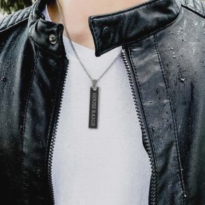 House of Raige Pendant. Engraved Text on Polished stainless steel. Minimalist mens jewelry