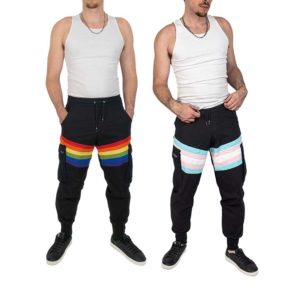 Streetwear style cargo joggers pants. Two pants. one with rainbow design on the thighs, the other with the trans flag
