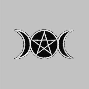 Twiple Moon Pentacle Iron on embroidery patch. Pentacle flanked by two crescent moons.