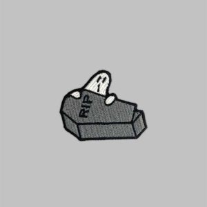 Ghost coffin embroidery Patch. Iron on patch of a ghost sneaking out of a coffin.