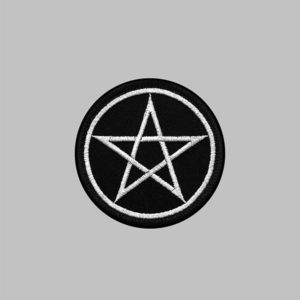 Pentacle Embroidery Patch. White thread on black fabric